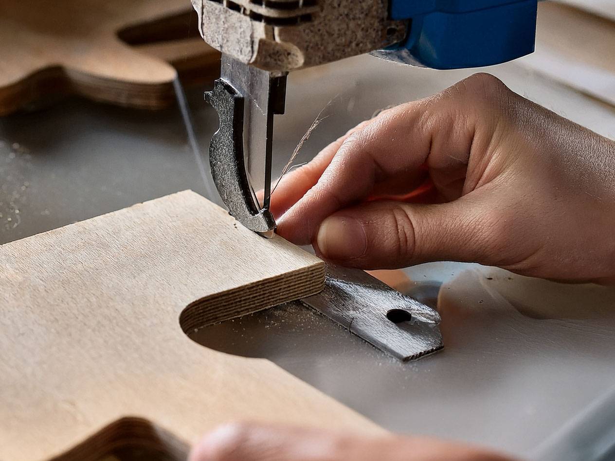 Holzstücke und elektrische Säge.