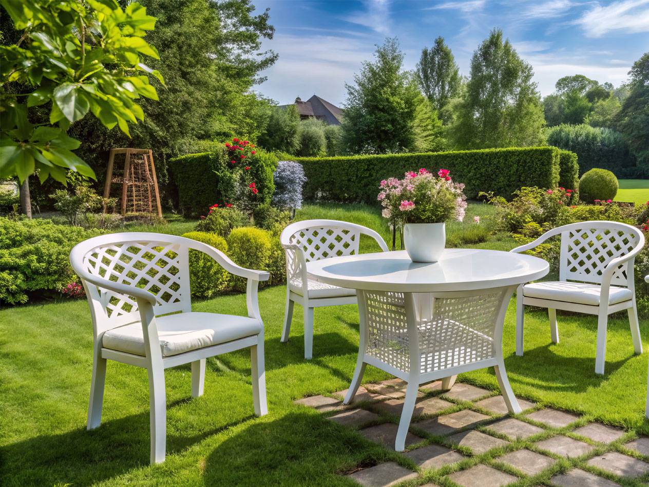 Weiße Gartenmöbel, Tisch und Stühle in einem grünen Garten.