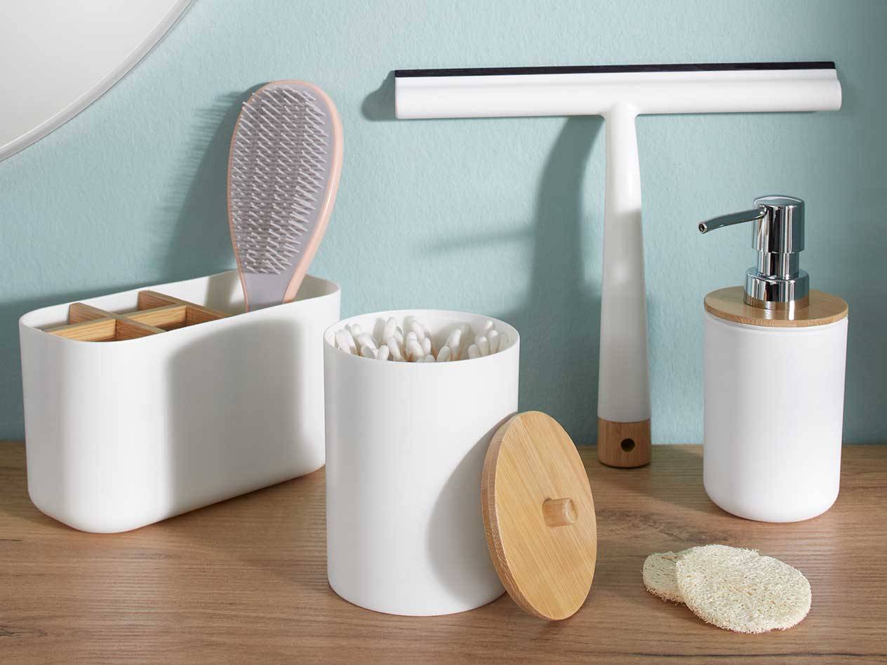Haarbürste, Seifenspender, Wattebehälter und Abzieher im Badezimmer.