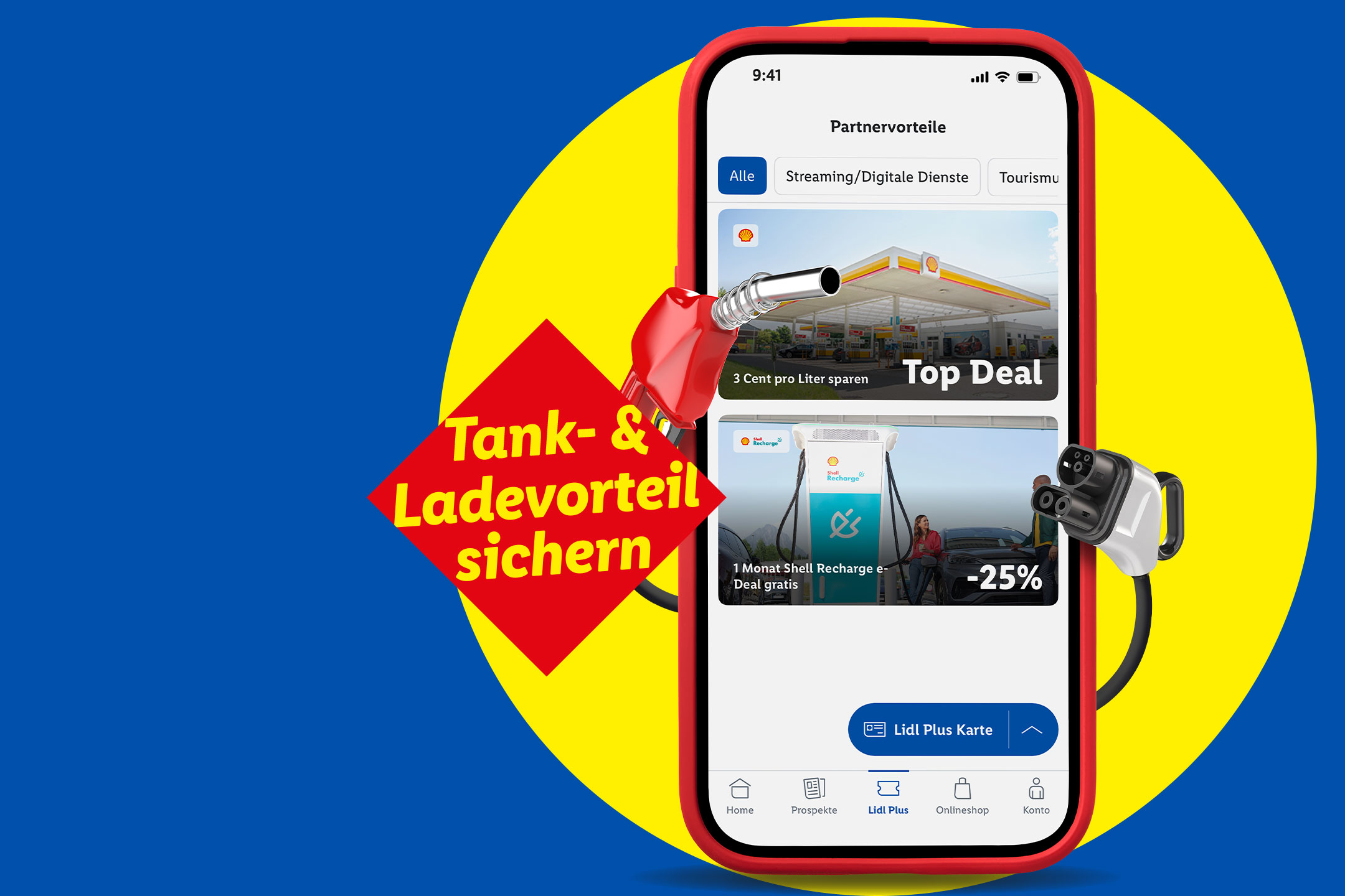 Smartphone mit Tank- und Ladevorteilen, inklusive Tankstelle und Ladestation.