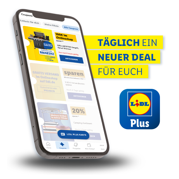 Lidl Plus Angebote: Coupons, Grillmeister Grill, kostenloser Versand, 20% Rabatt.