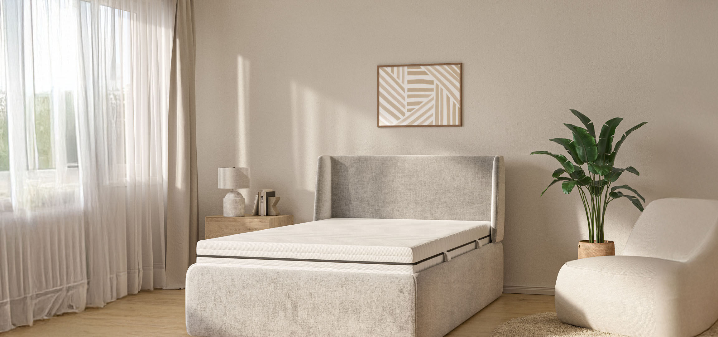 Minimalistisches Bett mit Stauraum und Sessel.