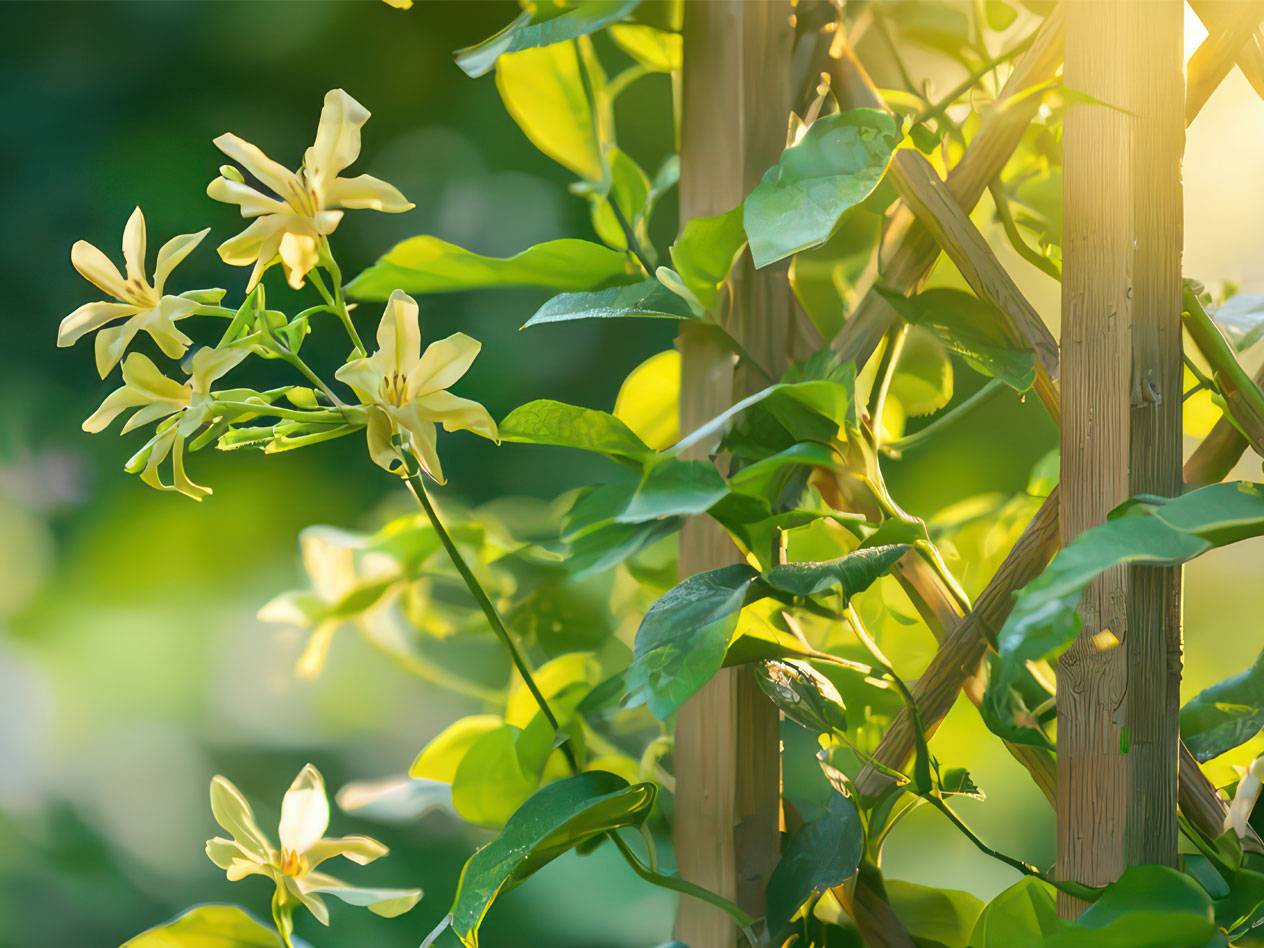 Weiße Blüten einer Kletterpflanze an einem Holzspalier.