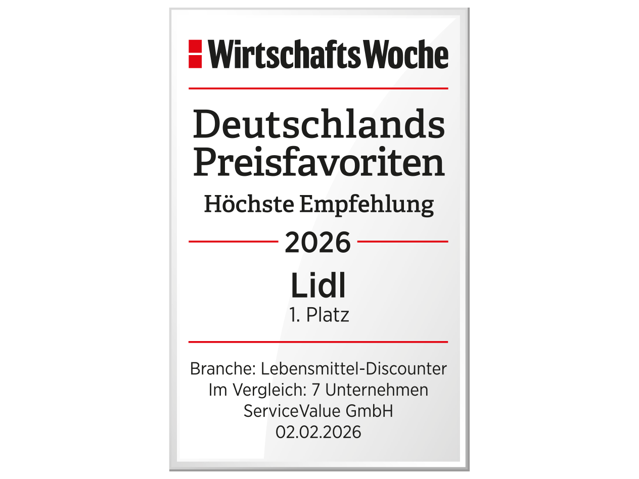 Auszeichnung von WirtschaftsWoche für Deutschlands Preisfavoriten 2026, Lidl auf dem 1. Platz.