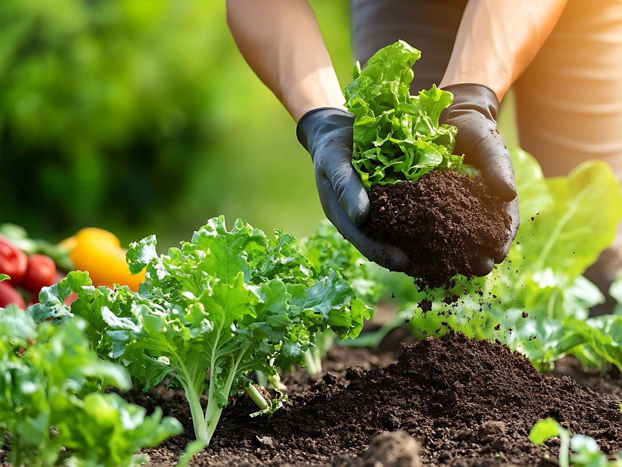 Salat und Erde im Garten.