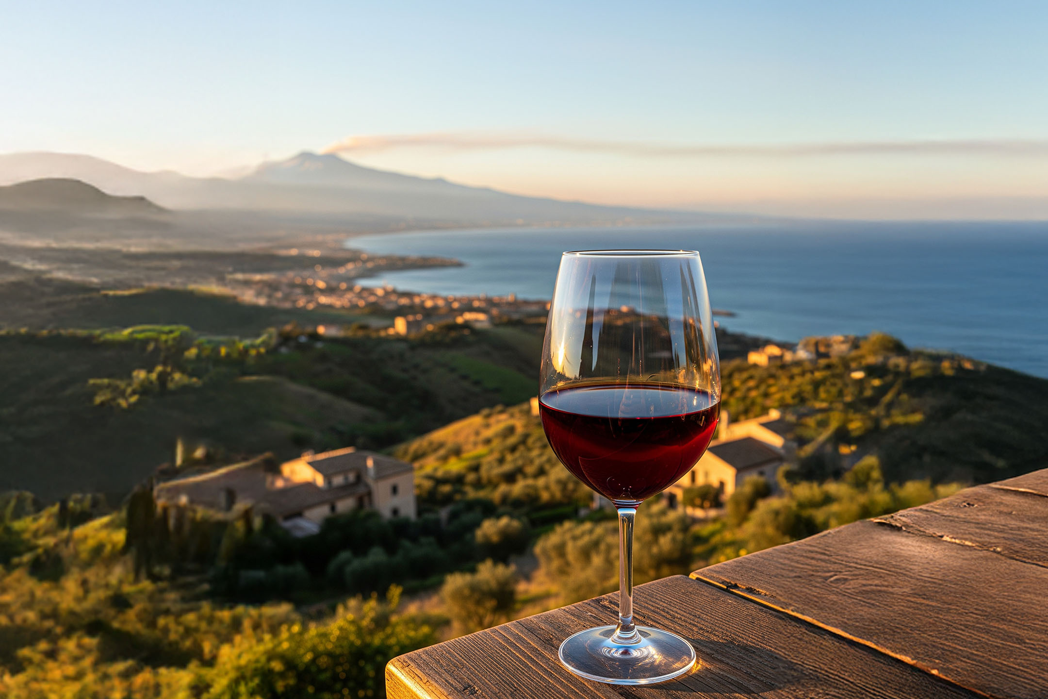 Glas Rotwein auf einer Holzterrasse mit Blick auf Meer und Berge bei Sonnenuntergang.