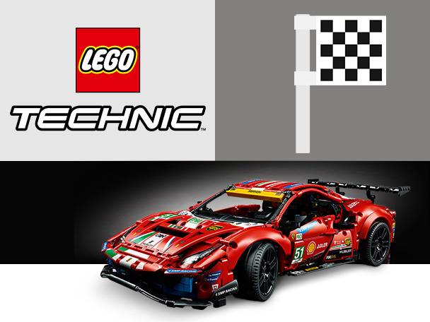 Lego Technic Ferrari Rennwagen und Zielflagge.