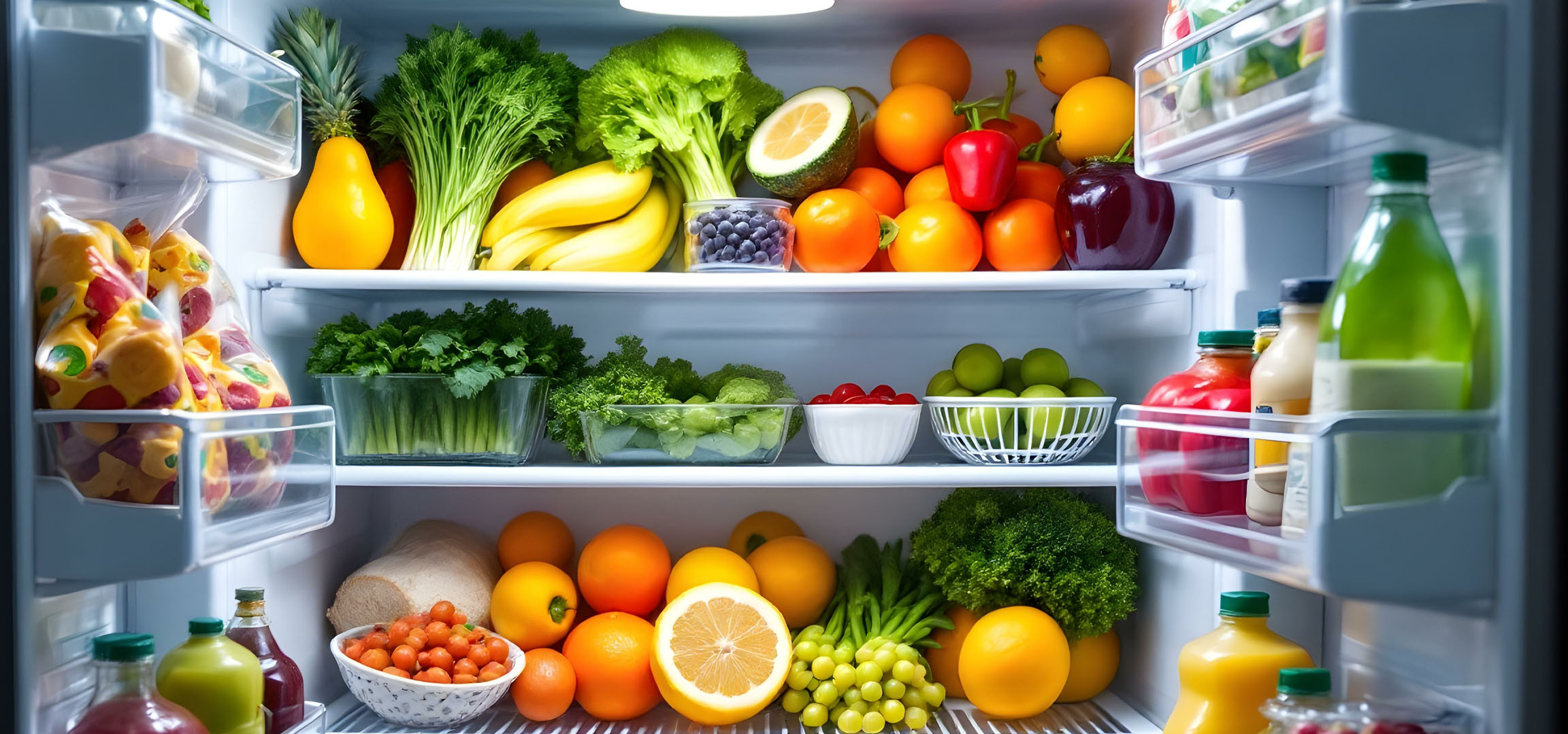 Orangen, Gemüse und Säfte im Kühlschrank.