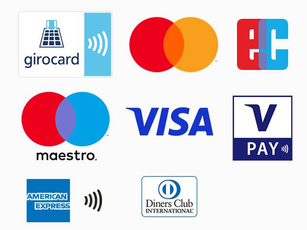 Visa, Mastercard, Maestro, American Express und andere Zahlungsmethoden.