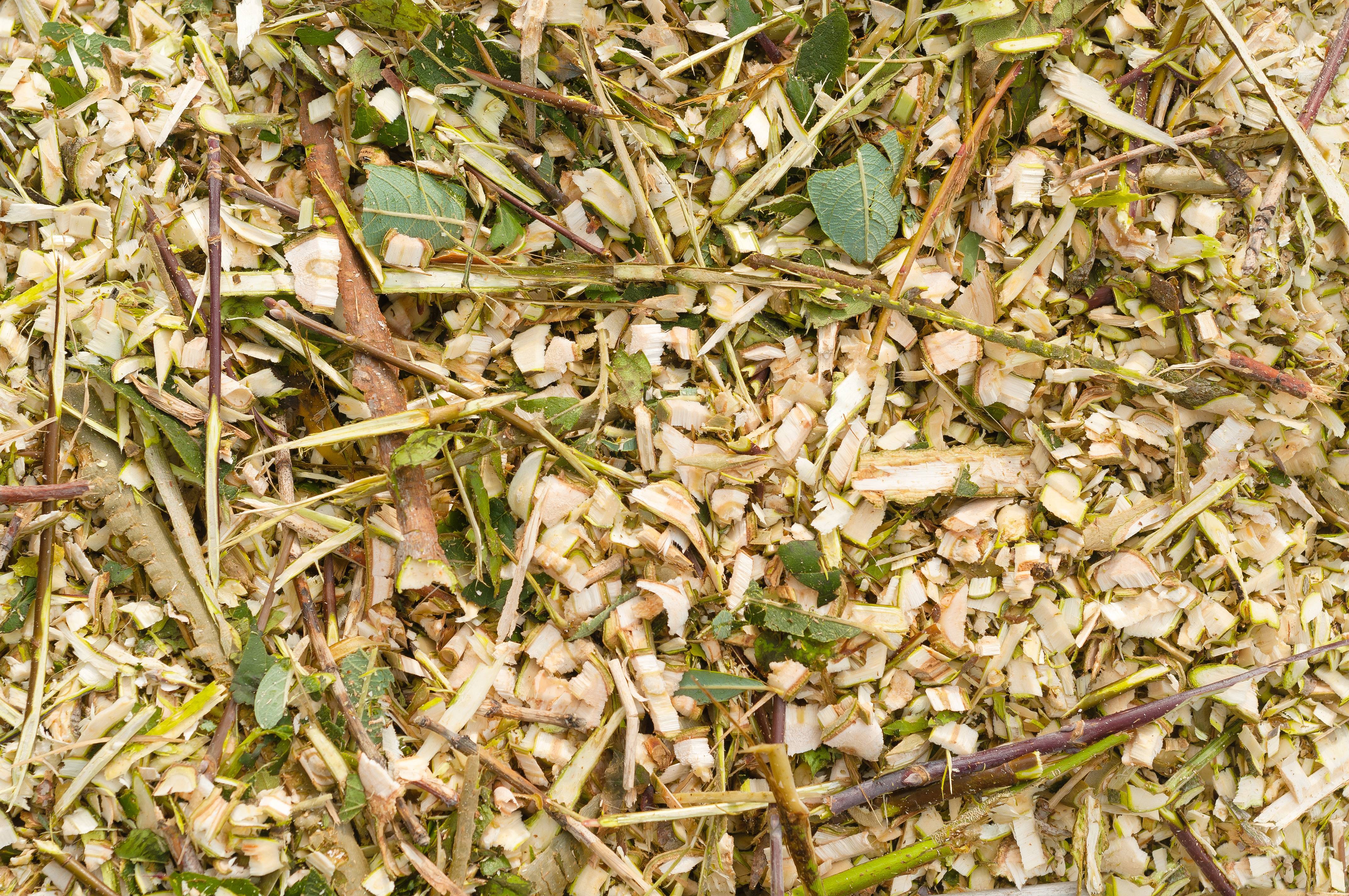 Zerkleinertes Holz und Blätter.