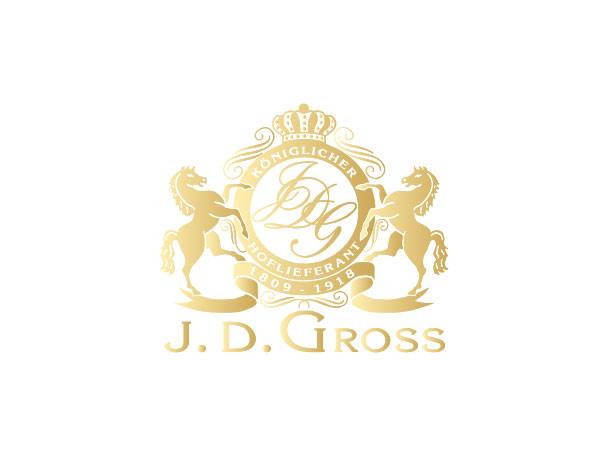 J.D. Gross Logo: Krone, Pferde und Text.