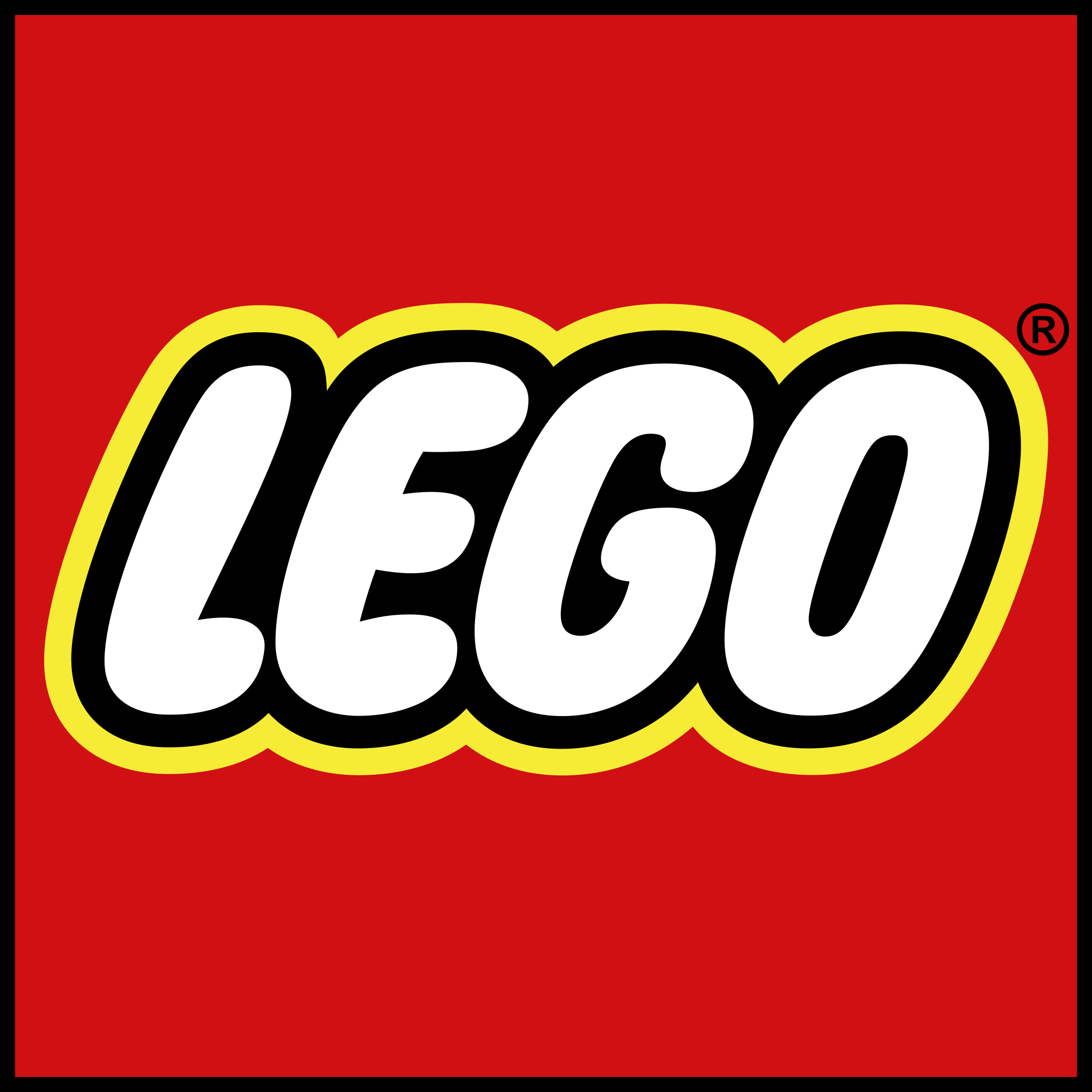 Lego-Logo: roter Hintergrund, weiße und schwarze Buchstaben.