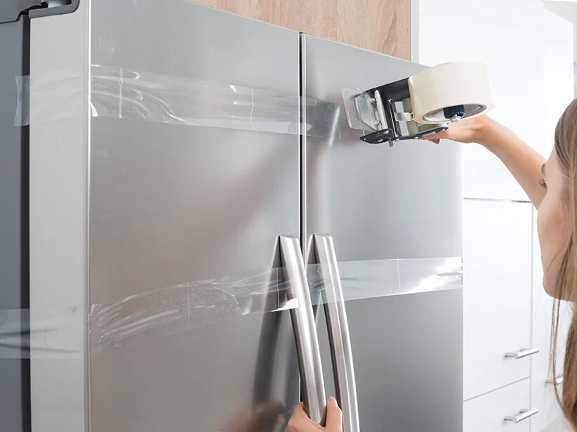 Neuer Kühlschrank, Schutzfolie und Klebeband