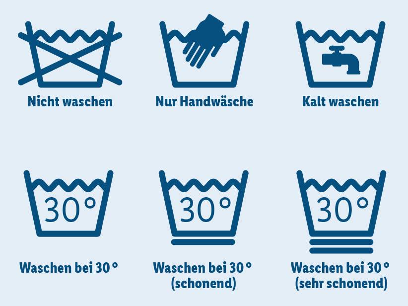 Waschanleitung: nicht waschen, Handwäsche, kalt waschen, 30° waschen.