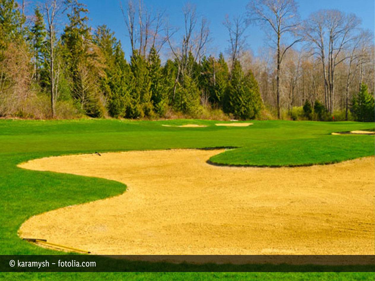 Golfplatz mit Sandbunkern und Greens in Waldlandschaft.