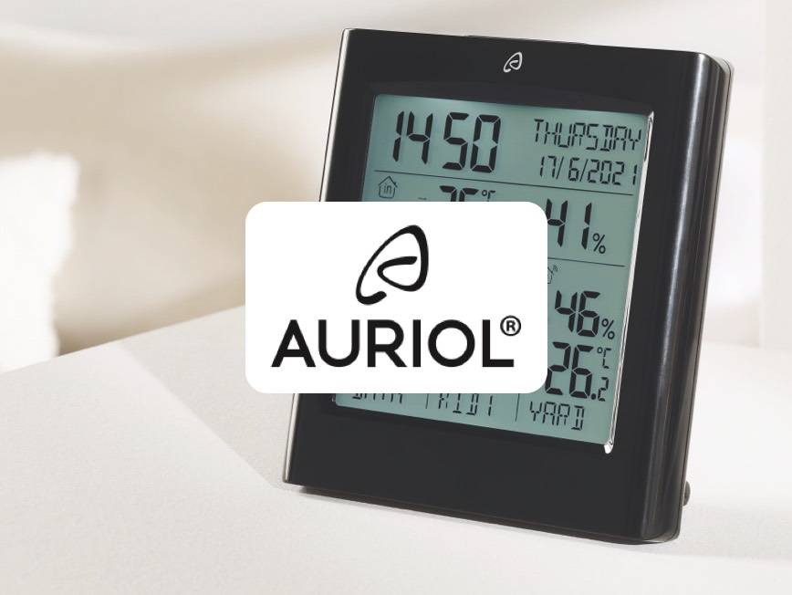 Auriol Wetterstation: Uhrzeit, Temperatur, Luftfeuchtigkeit, Datum.