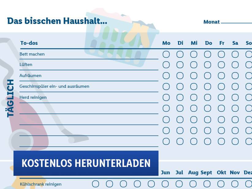 Reinigungsplan: tägliche Aufgaben und Monatsübersicht.