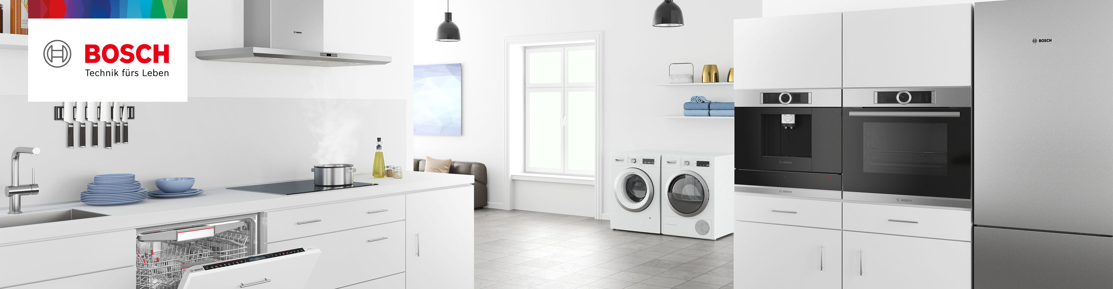 Bosch Haushaltsgeräte: Spülmaschine, Backofen, Kaffeemaschine und Waschmaschine.