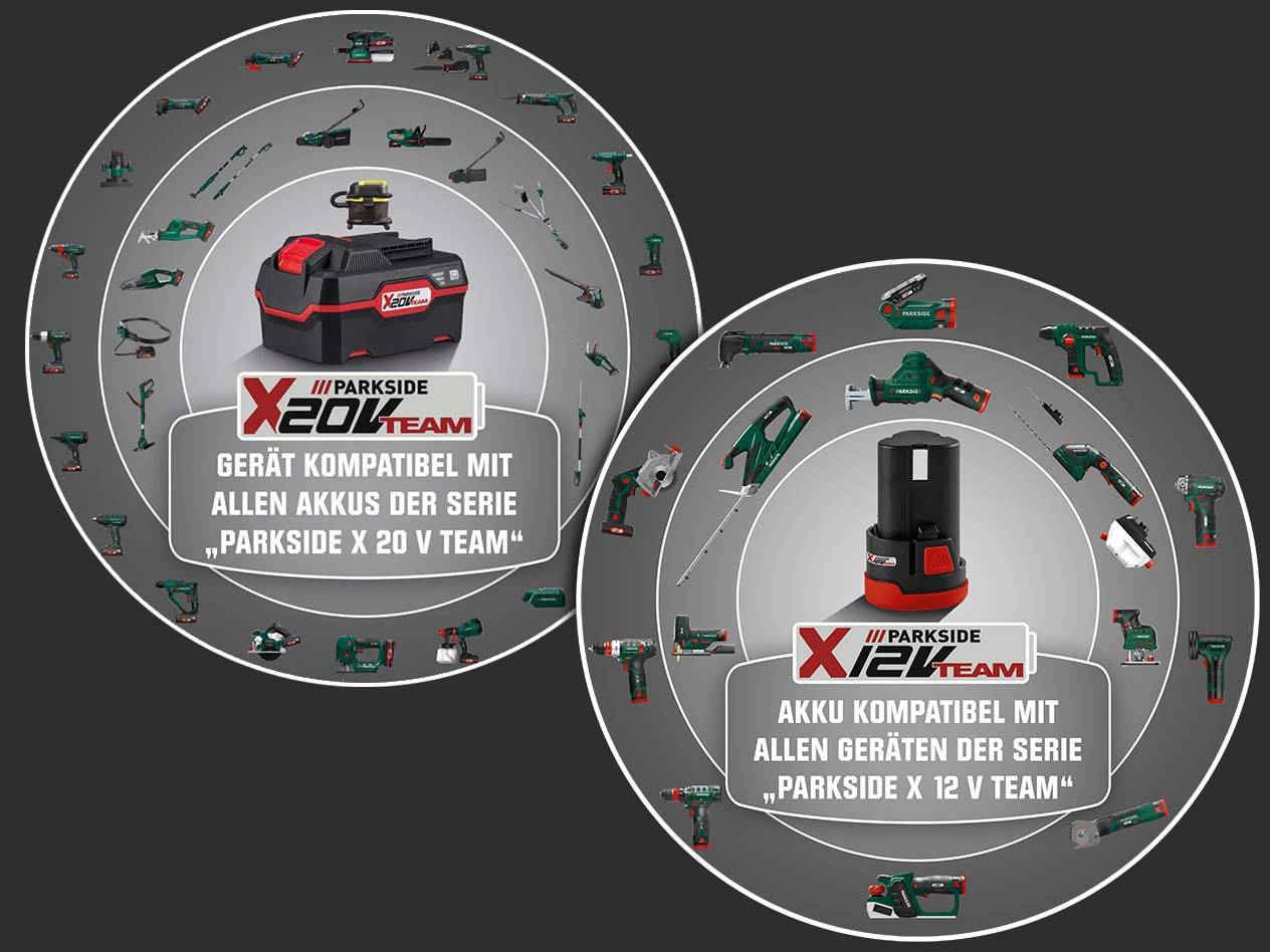 Parkside X 20V und 12V Team Geräte und Akkus.