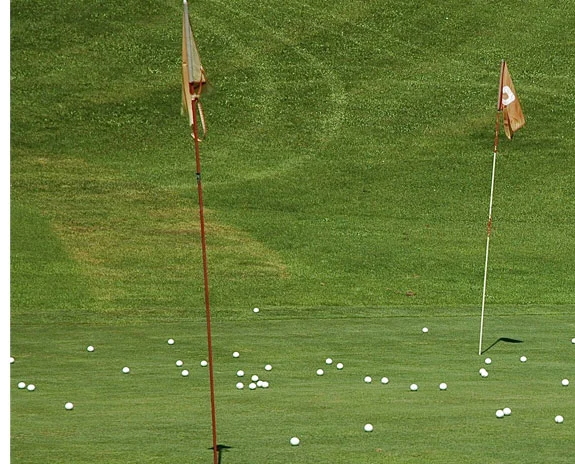 Golfbälle und Fahnen auf dem Grün.