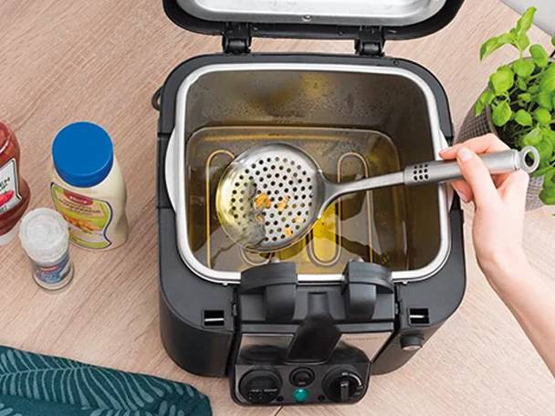 Haushaltsfritteuse, Öl und Gewürze.