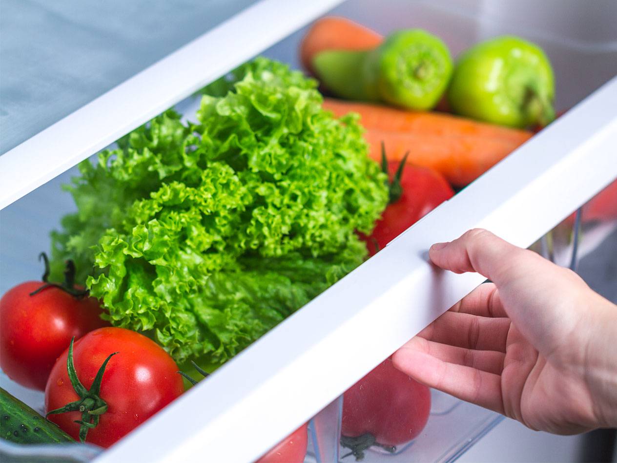 Salat, Tomaten und Karotten im Kühlschrank.