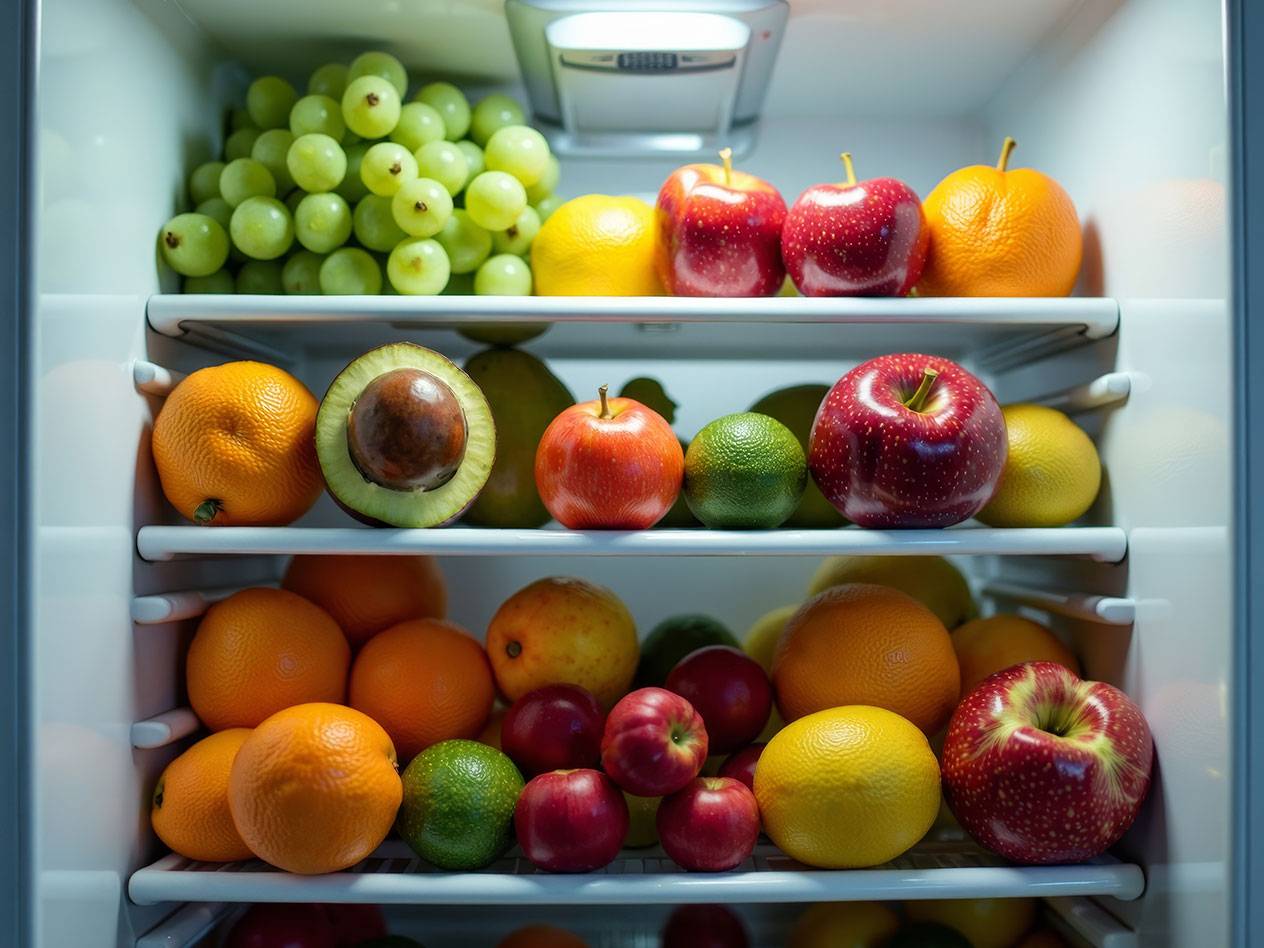 Trauben, Äpfel, Orangen und Avocados im Kühlschrank.