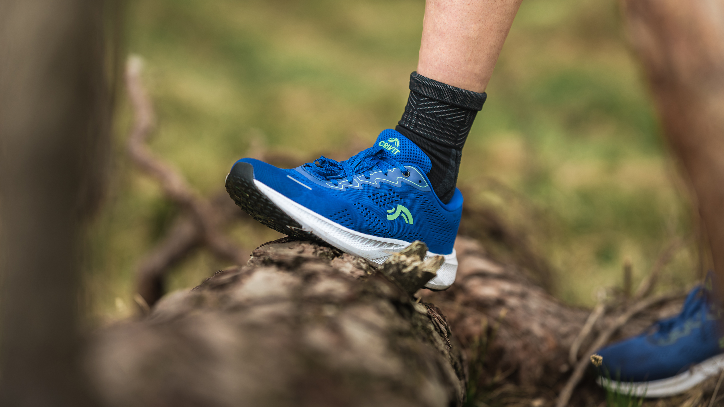 Blaue Crivit Laufschuhe auf einem Baumstamm.